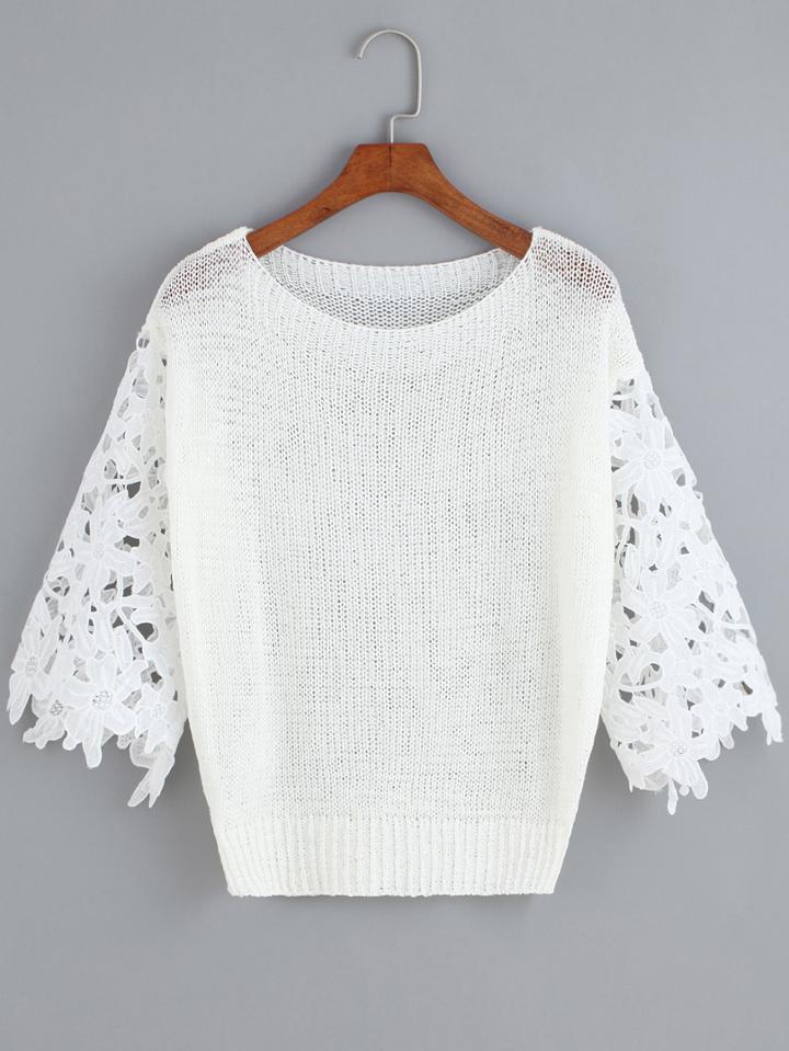 Romwe Half Sleeve Lace Paneled Sweater