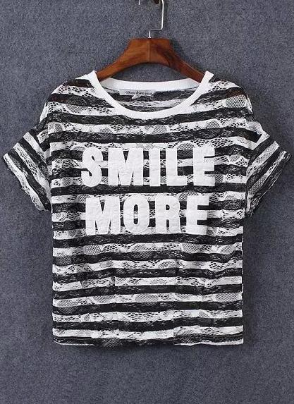 Romwe Striped Letter Print Lace Hollow T-shirt