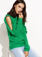 Romwe Green Open Shoulder Ruffle Pullover Sweater