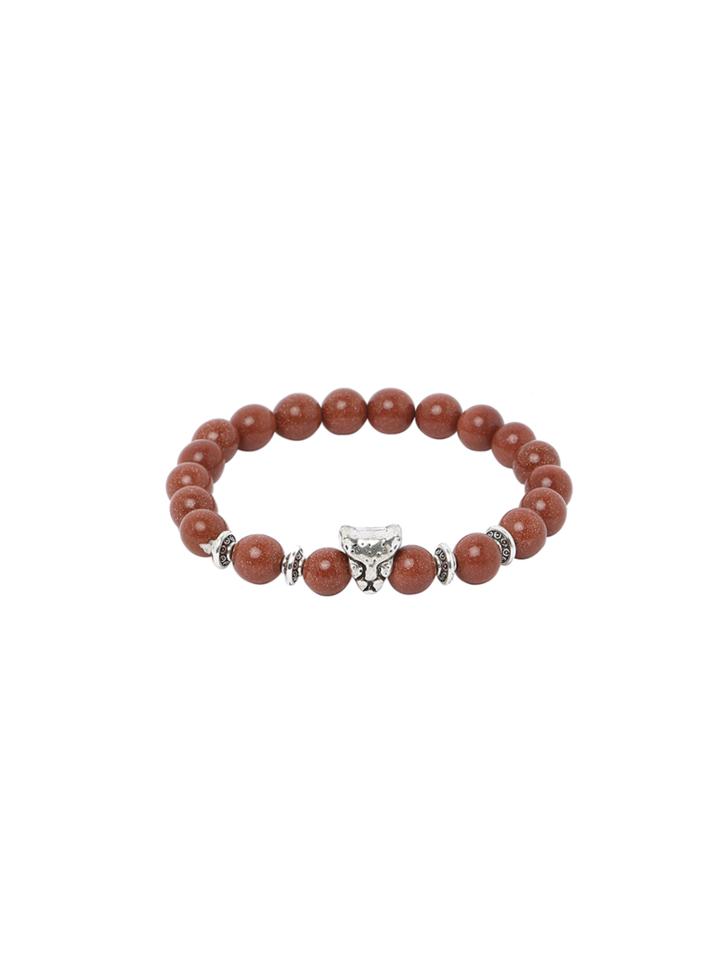 Romwe Animal Head Charm And Goldstone Beaded Bracelet