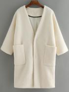 Romwe Half Sleeve Pockets Woolen White Coat