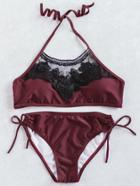 Romwe Burgundy Contrast Lace Detail Halter Bikini Set
