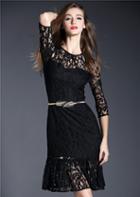 Romwe Sheer Lace Flouncing Dress