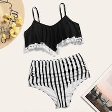 Romwe Pom Pom Trim Top With Ruched High Waist Bikini Set
