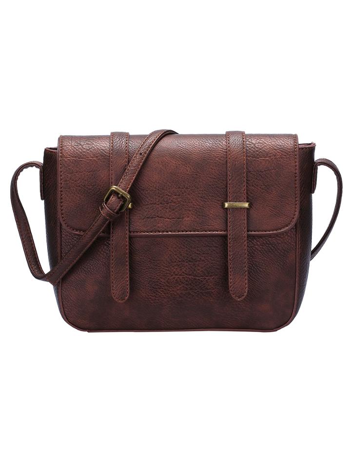 Romwe Brown Magnetic Buckle Pu Satchel Bag