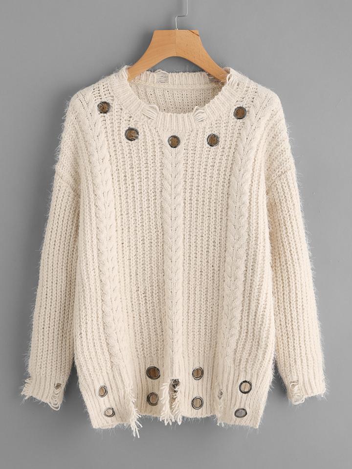 Romwe Eyelet Detail Cable Knit Distressed Jumper