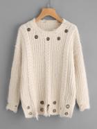 Romwe Eyelet Detail Cable Knit Distressed Jumper