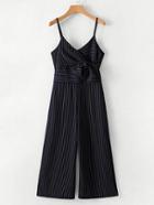 Romwe Bow Tie Striped Cami Jumpsuit