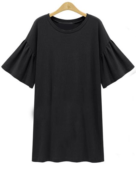 Romwe Drop Shoulder Ruffled Sleeve Shift Dress - Black