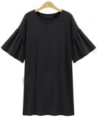Romwe Drop Shoulder Ruffled Sleeve Shift Dress - Black