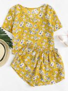 Romwe V Neckline Floral Print Top With Shorts