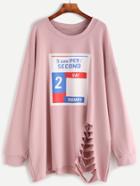 Romwe Pink Number Print Dropped Shoulder Seam Ripped Sweatshirt