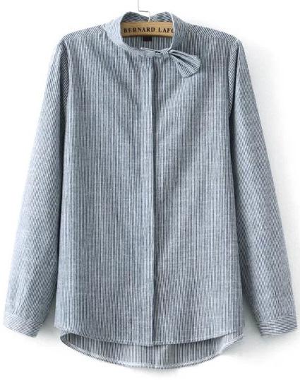 Romwe Grey Bow Collar Vertical Stripe Blouse