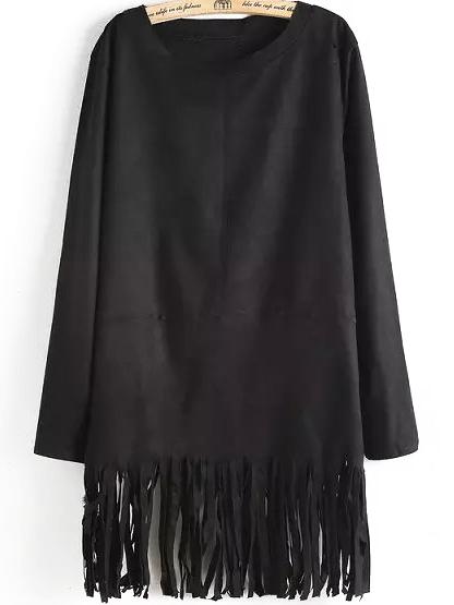 Romwe Round Neck Tassel Black Dress