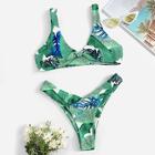 Romwe Random Palm Print Knot Front Top With High Cut Bikini