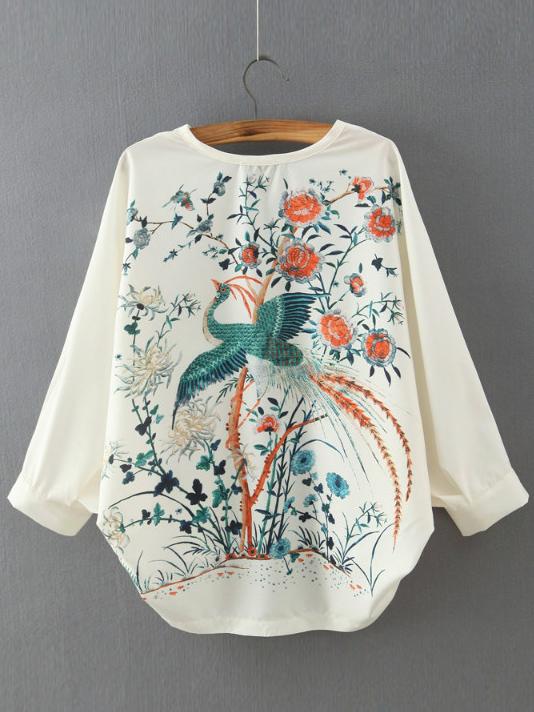 Romwe White V Neck Batwing Sleeve Embroidered Blouse