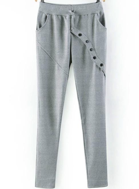 Romwe Drawstring Waist Buttons Grey Pant