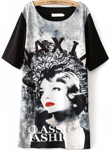 Romwe Short Sleeve Beauty Print Loose Dress