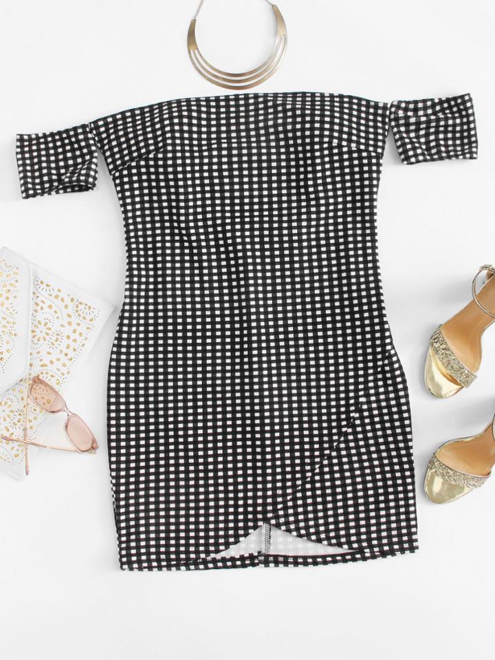 Romwe Off Shoulder Dip Hem Checked Dress