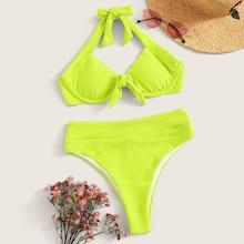 Romwe Neon Lime Underwire Top With High Waist Bikini