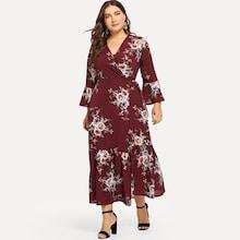 Romwe Plus Floral Print Knot Waist Wrap Dress