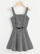 Romwe Gingham Print Single Breasted Cut Out Waist Dress