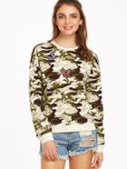 Romwe Olive Green Camo Print Sweatshirt With Butterfly Patch