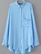 Romwe Lapel Dip Hem With Pocket Blue Blouse