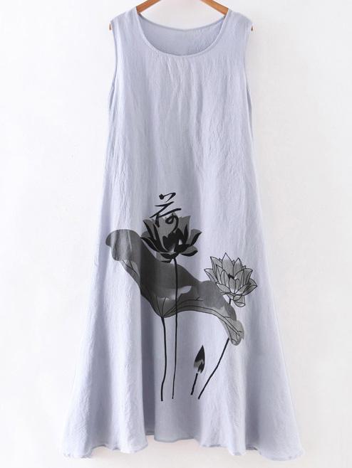 Romwe Grey Lotus Print Sleeveless Shift Dress