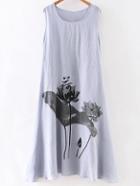 Romwe Grey Lotus Print Sleeveless Shift Dress