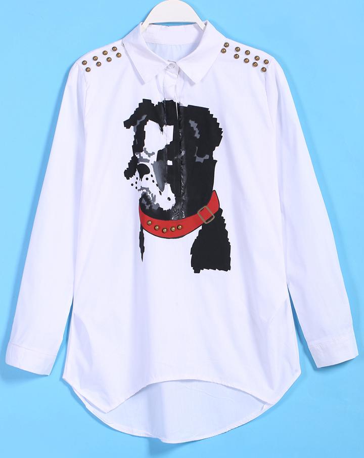 Romwe Dog Print Rivet Dipped Hem Blouse