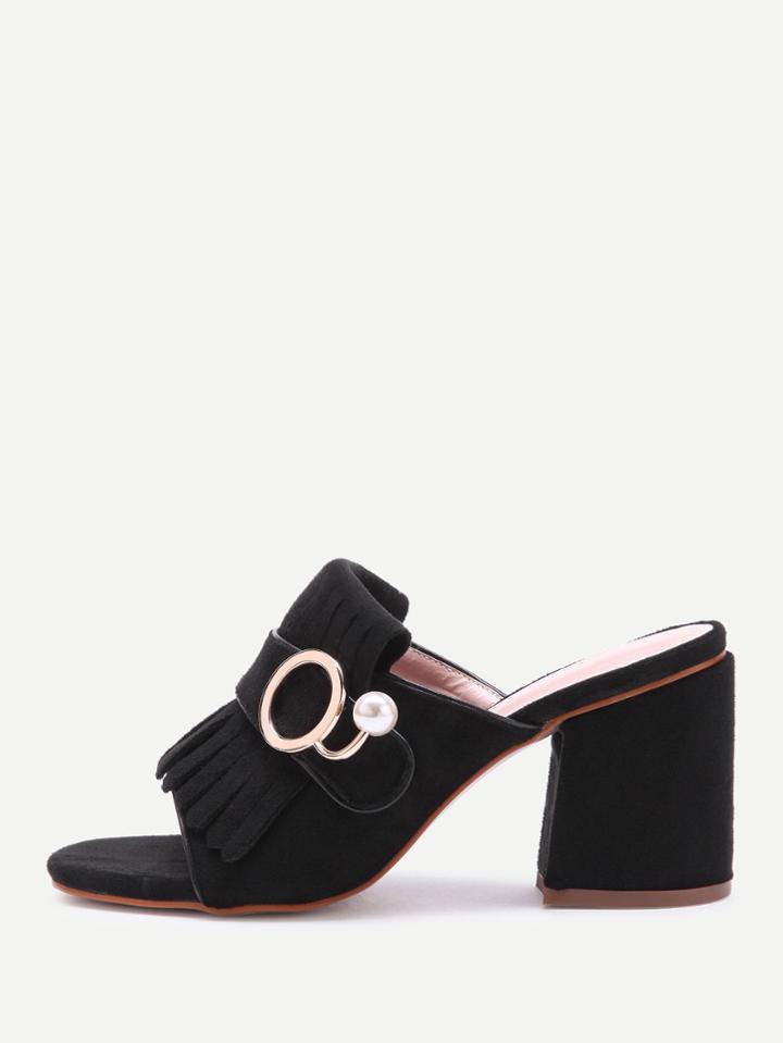 Romwe Fringe Design Block Heeled Sandals With Faux Pearl
