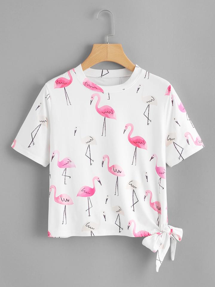 Romwe Knot Side Flamingo Print Tee
