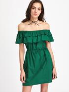 Romwe Flounce Layered Neckline Shirred Dress With Belt