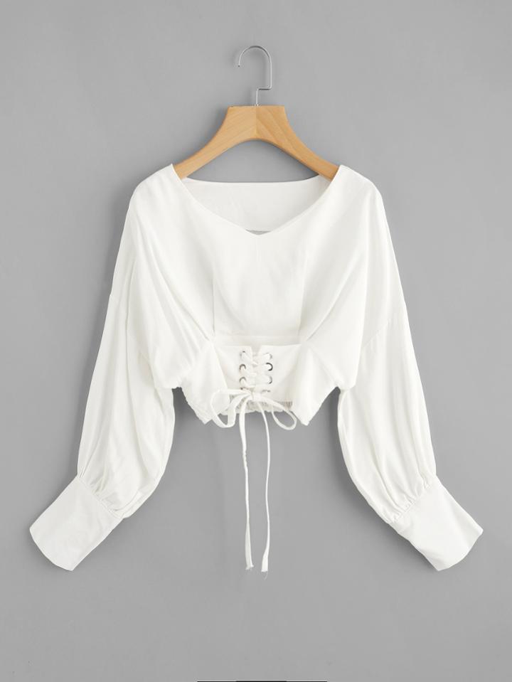 Romwe Eyelet Lace Up Corset Shirred Hem Blouse
