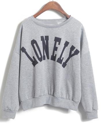 Romwe Lonely Print Crop Loose Grey Sweatshirt