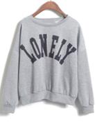 Romwe Lonely Print Crop Loose Grey Sweatshirt