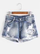 Romwe Graphic Print Rolled Cuffs Distressed Shorts