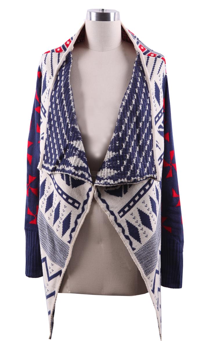 Romwe Draped Collar Geo Tribal Pattern Cardigan