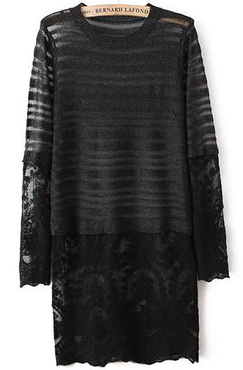 Romwe Sheer Lace Knit Black Sweater