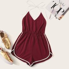 Romwe Backless Contrast Binding Halter Romper
