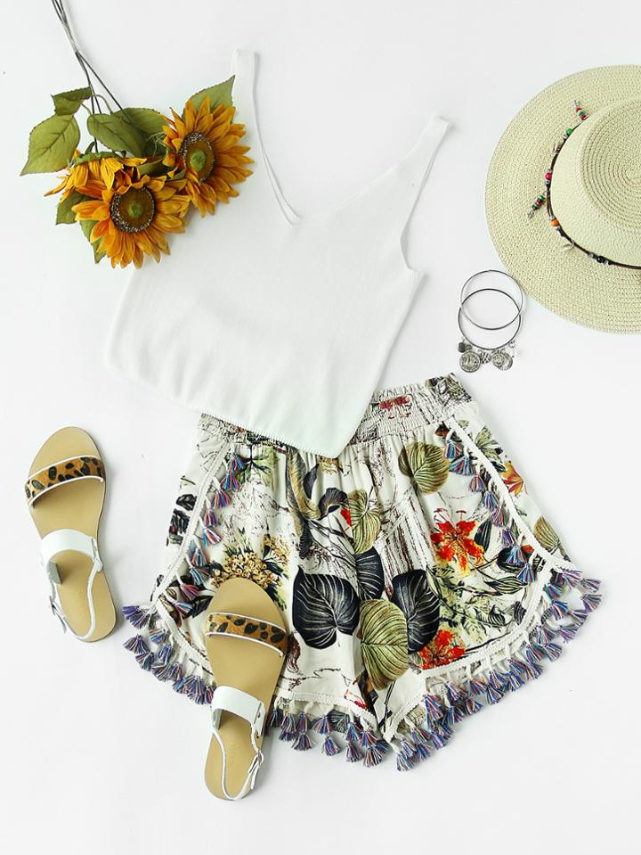 Romwe Palm Leaf Random Tassel Trim Shirred Shorts