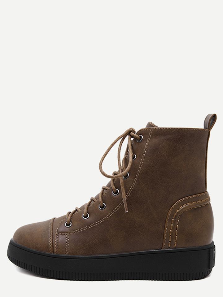 Romwe Brown Faux Leather Round Toe Lace Up Short Boots