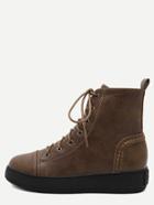 Romwe Brown Faux Leather Round Toe Lace Up Short Boots