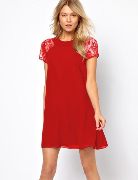 Romwe Red Lace Short Sleeve Chiffon Dress