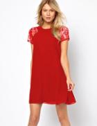 Romwe Red Lace Short Sleeve Chiffon Dress