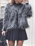 Romwe Black White Long Sleeve Faux Fur Coat
