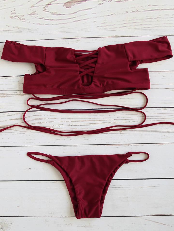 Romwe Red Off The Shoulder Criss Cross Design Bikini Set