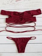 Romwe Red Off The Shoulder Criss Cross Design Bikini Set