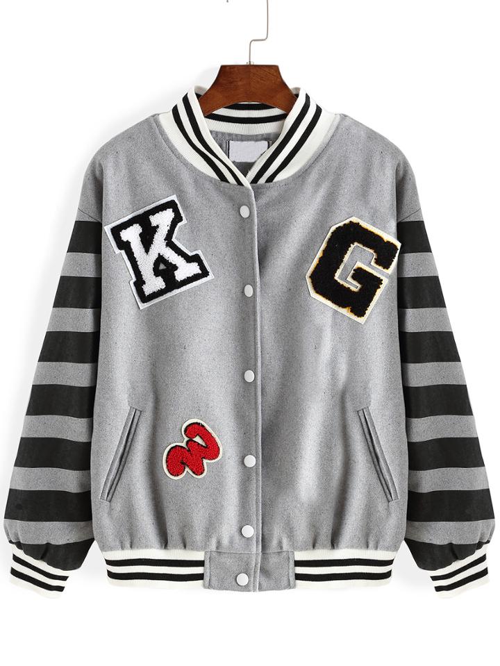 Romwe Striped Flocked Letter Patch Buttons Grey Jacket